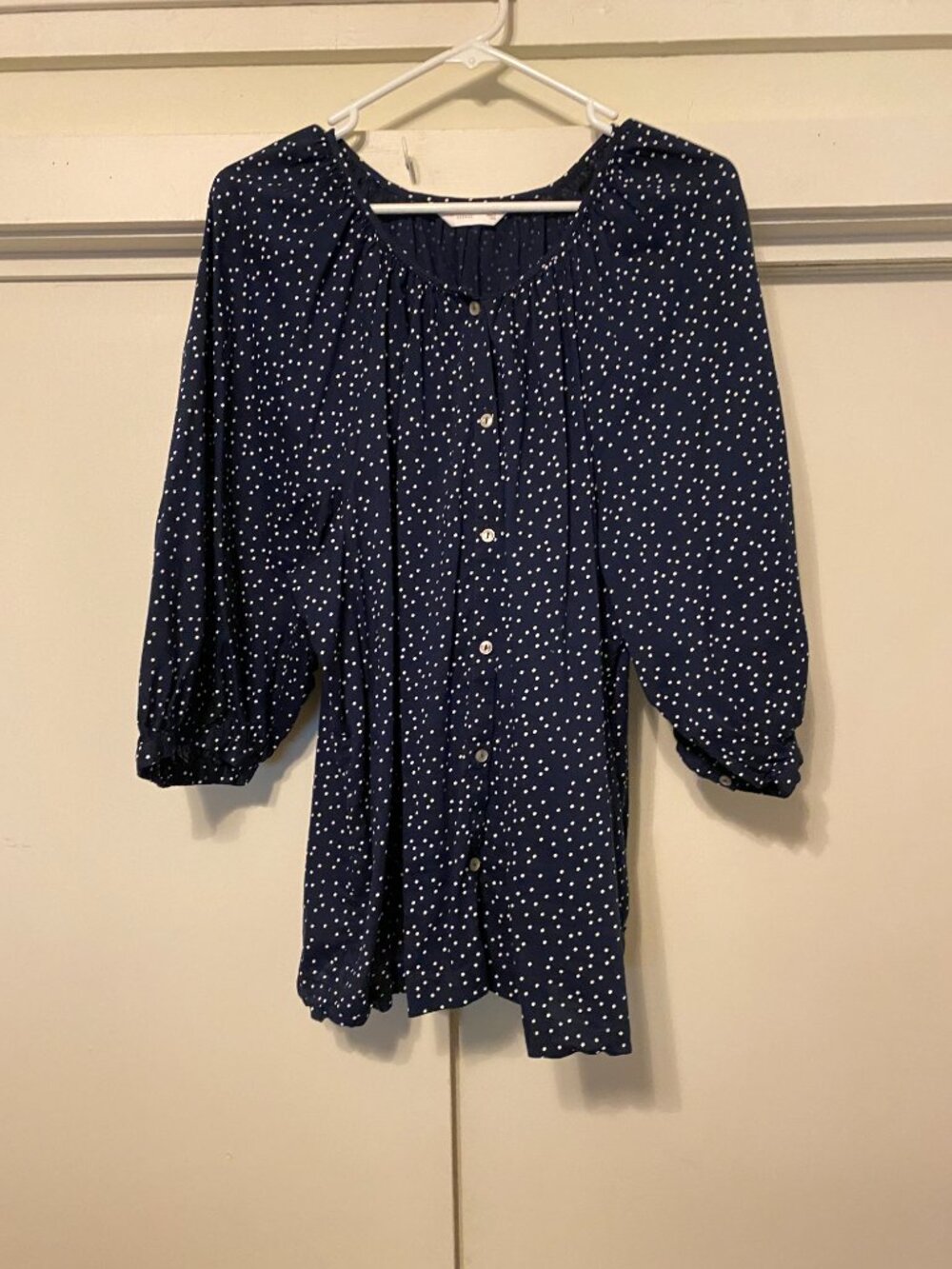 Lauren Conrad navy polka dot peasant blouse, size L